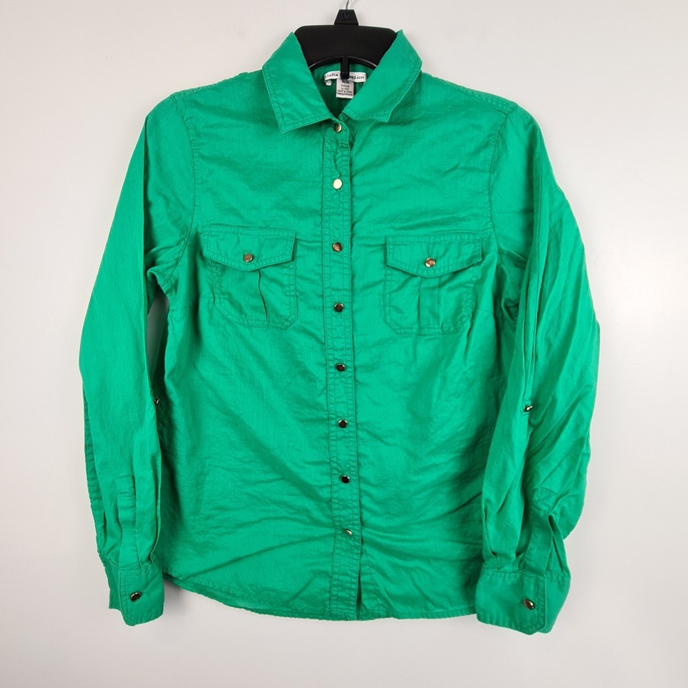 Dalia Collection Women's Green Gold Button-Down Shirt Medium Roll Tab Pockets
